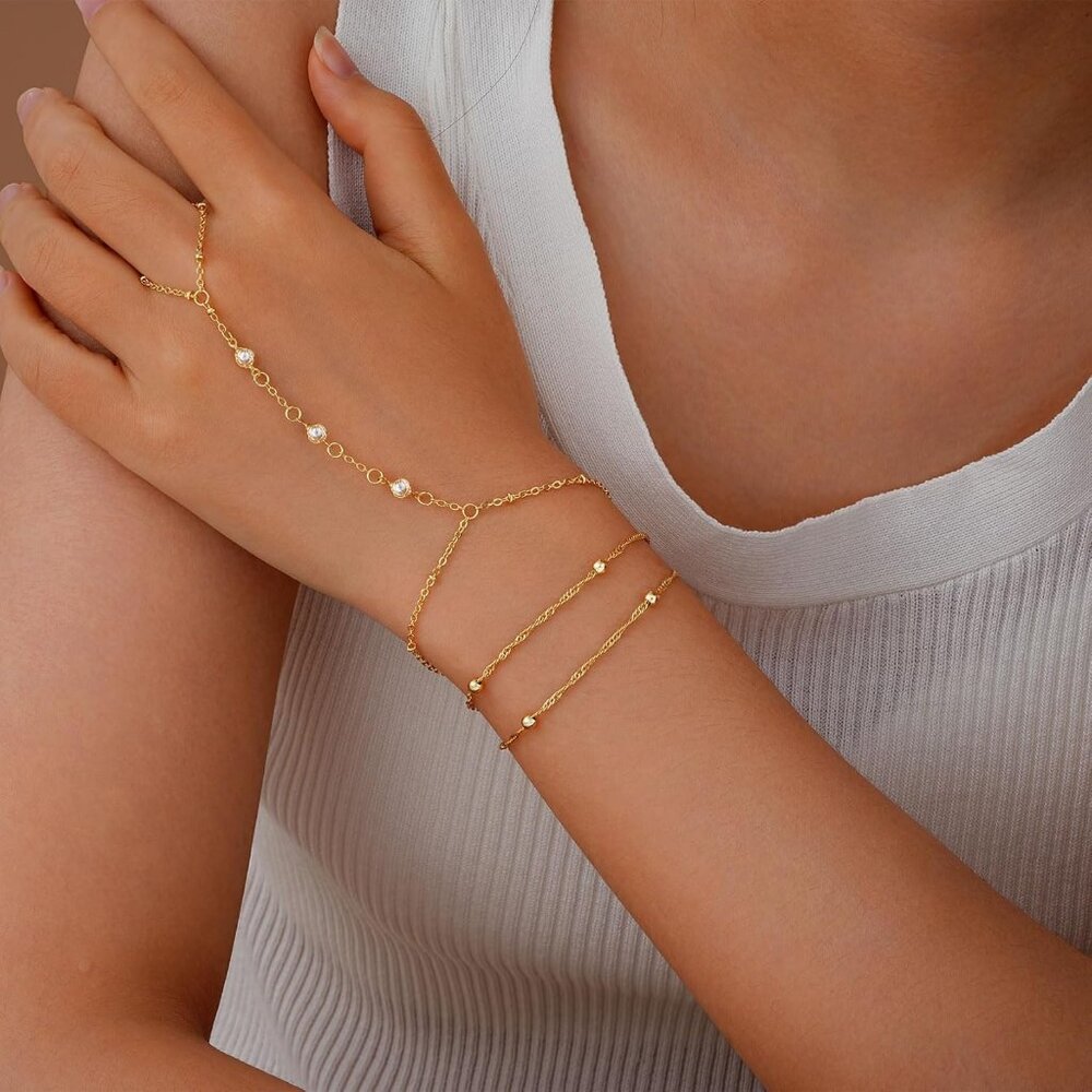 Hand Chain Bracelet Ring Hand Chain 2 PCS 14K Dainty Finger Jewelry - Picture 5 of 9